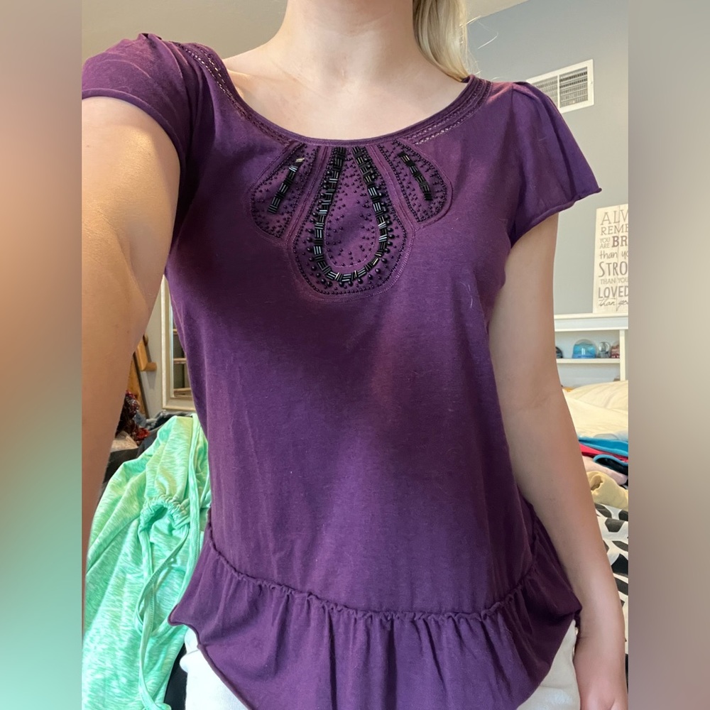 lucky brand beaded scoop neck purple top, new condition